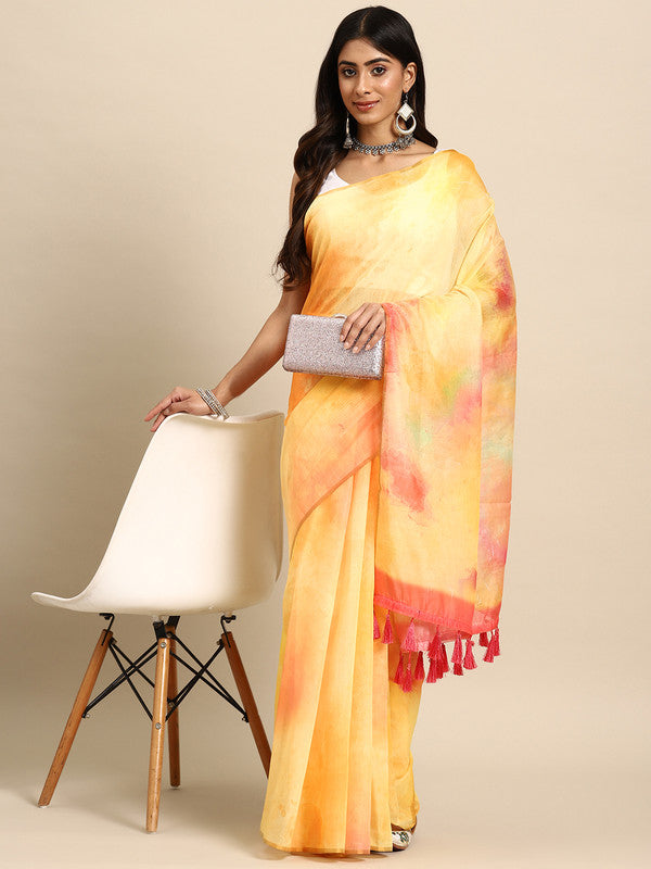 Yellow Organza Printed Tie and Dye Saree with Unstitched Blouse - Hiral Fashion - Distacart