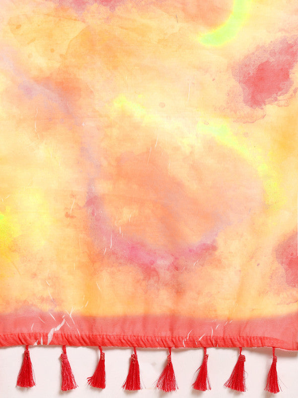 Yellow Organza Printed Tie and Dye Saree with Unstitched Blouse - Hiral Fashion - Distacart