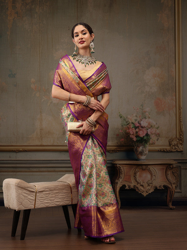 Gray/Silver Pure Silk Woven Zari Design Floral Saree with Unstitched Blouse - Hiral Fashion - Distacart