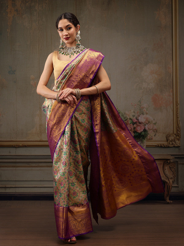 Gray/Silver Pure Silk Woven Zari Design Floral Saree with Unstitched Blouse - Hiral Fashion - Distacart