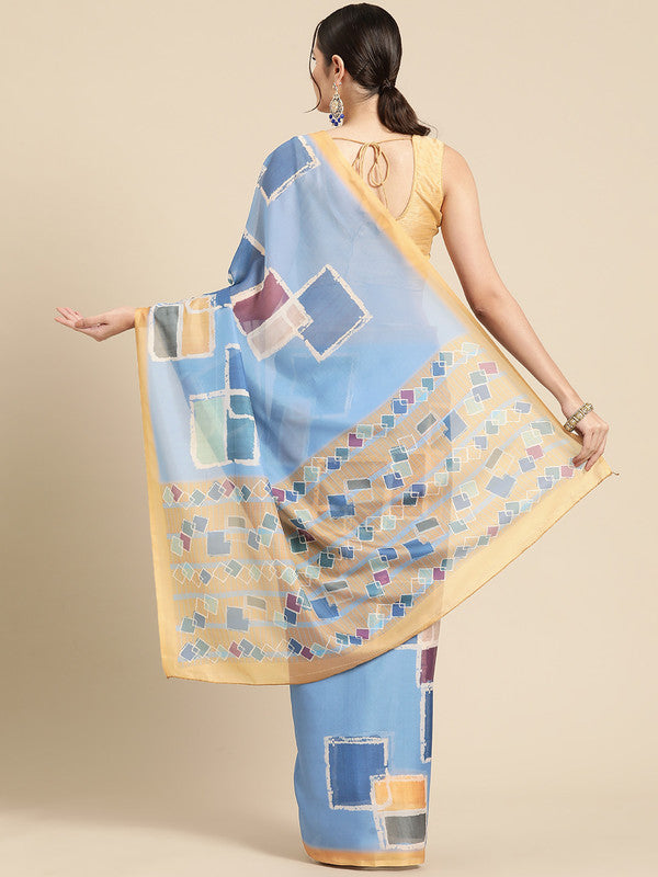 Blue Silk Blend Printed Abstract Saree with Unstitched Blouse - Hiral Fashion - Distacart