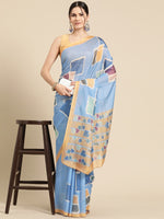 Thumbnail for Blue Silk Blend Printed Abstract Saree with Unstitched Blouse - Hiral Fashion - Distacart