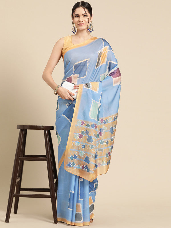 Blue Silk Blend Printed Abstract Saree with Unstitched Blouse - Hiral Fashion - Distacart