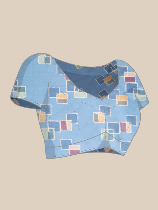 Blue Silk Blend Printed Abstract Saree with Unstitched Blouse - Hiral Fashion - Distacart