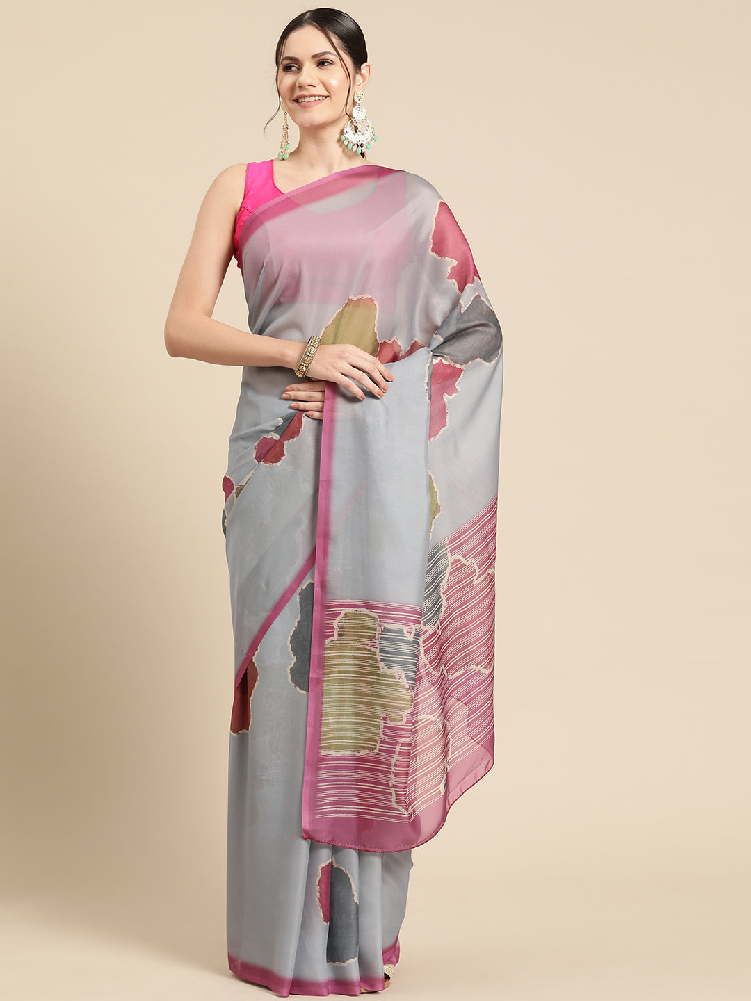 Dark Gray Silk Blend Printed Abstract Saree with Unstitched Blouse - Hiral Fashion - Distacart