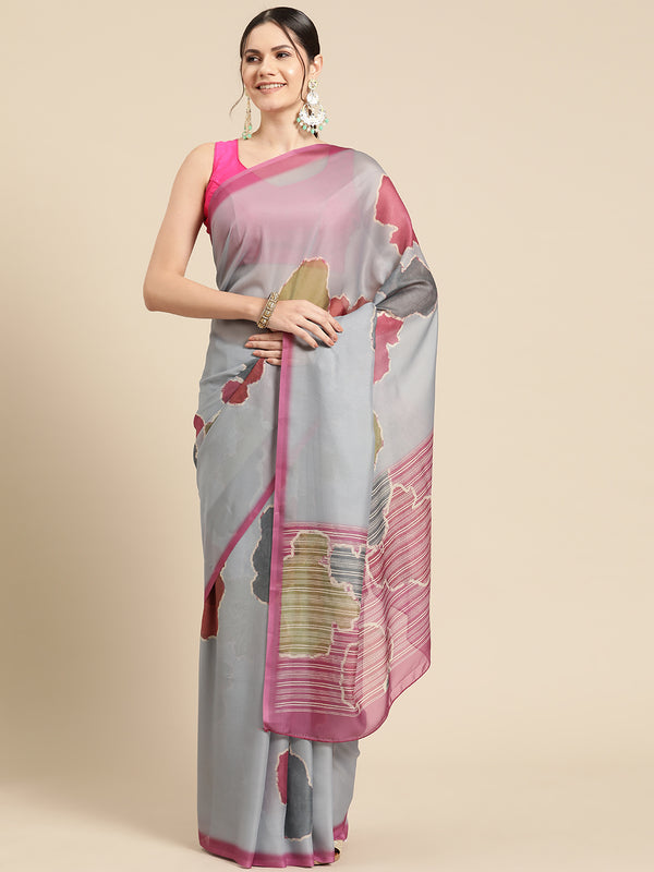 Dark Gray Silk Blend Printed Abstract Saree with Unstitched Blouse - Hiral Fashion - Distacart