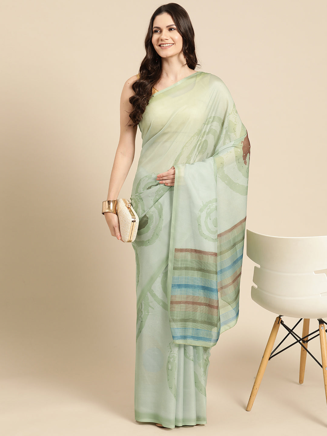 Green Silk Blend Printed Abstract Saree with Unstitched Blouse - Hiral Fashion - Distacart