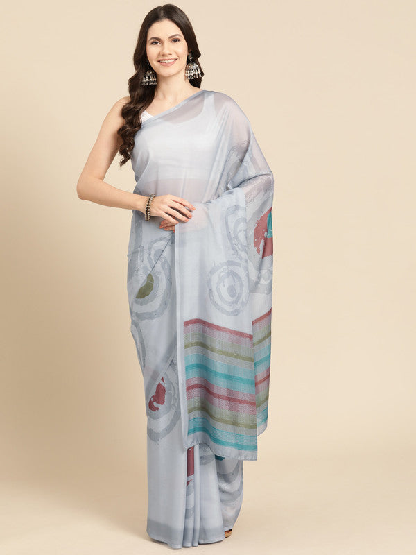 Gray Silk Blend Printed Abstract Saree with Unstitched Blouse - Hiral Fashion - Distacart