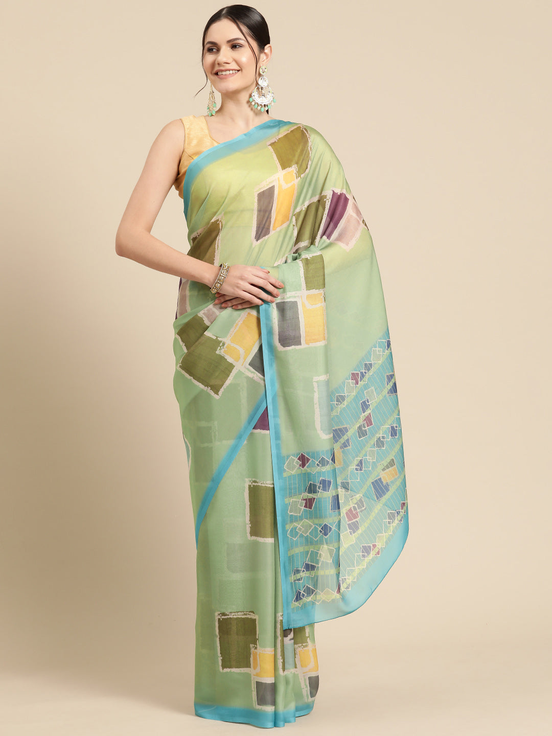 Olive Silk Blend Printed Abstract Saree with Unstitched Blouse - Hiral Fashion - Distacart