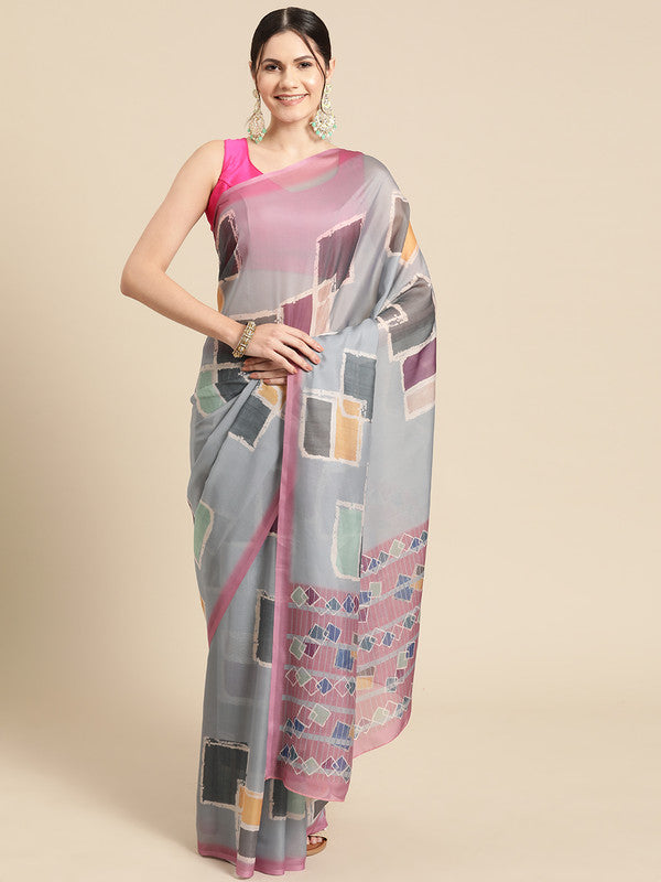 Multicolor Silk Blend Printed Abstract Saree with Unstitched Blouse - Hiral Fashion - Distacart