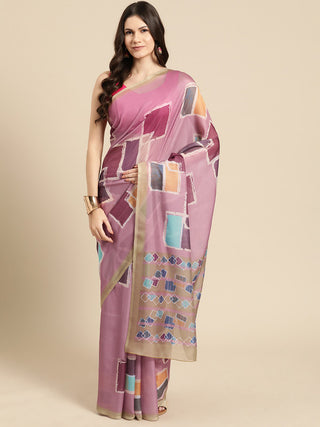 Pink Silk Blend Printed Abstract Saree with Unstitched Blouse - Hiral Fashion - Distacart