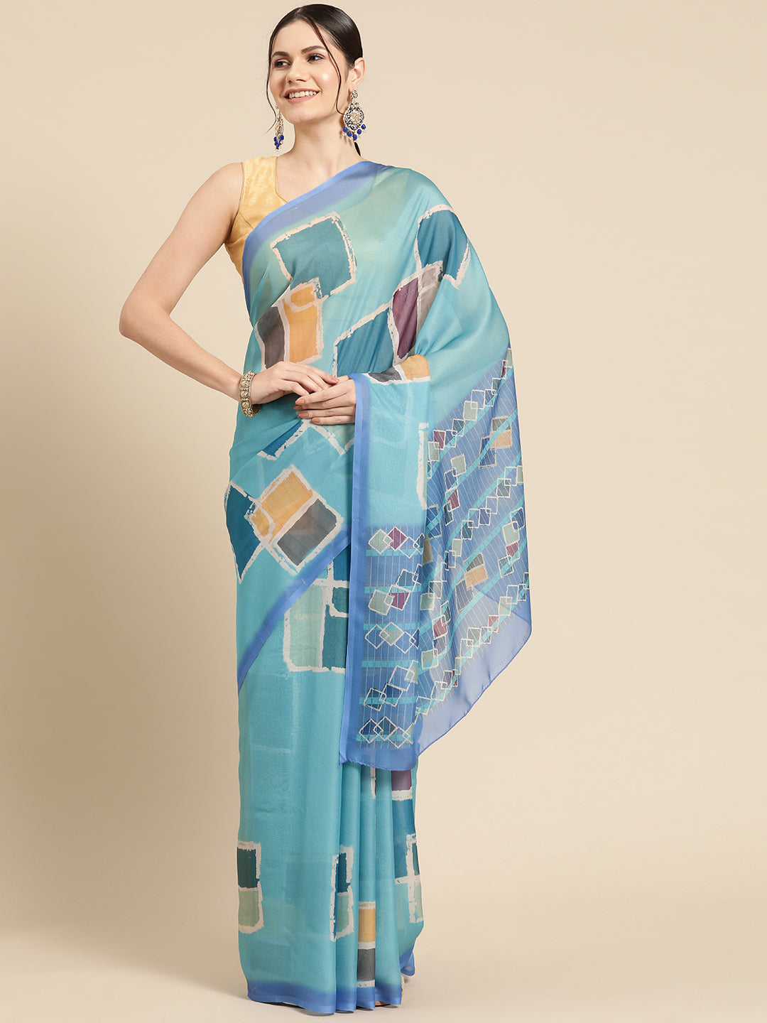 Turquoise Silk Blend Printed Abstract Saree with Unstitched Blouse - Hiral Fashion - Distacart