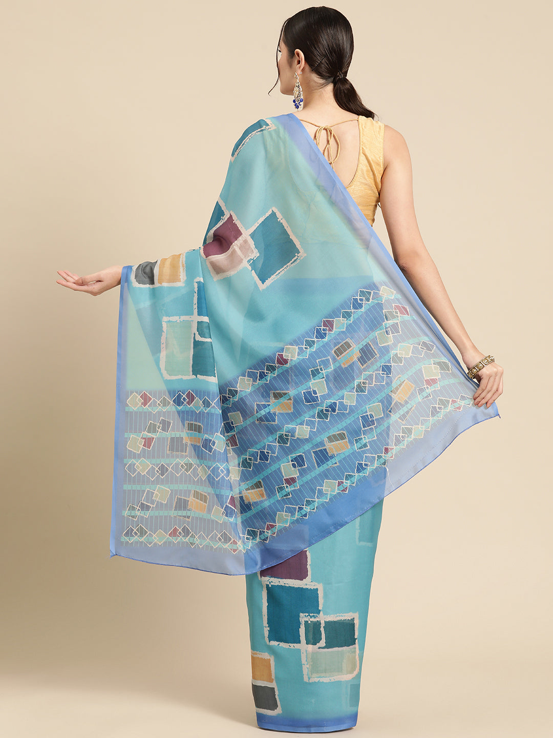 Turquoise Silk Blend Printed Abstract Saree with Unstitched Blouse - Hiral Fashion - Distacart