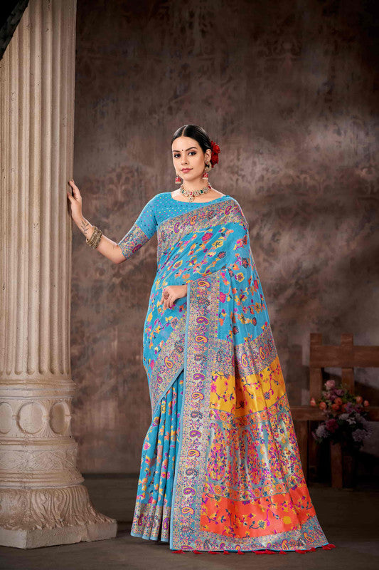 Blue Cotton Blend Woven Thread Floral Saree with Unstitched Blouse - Hiral Fashion - Distacart