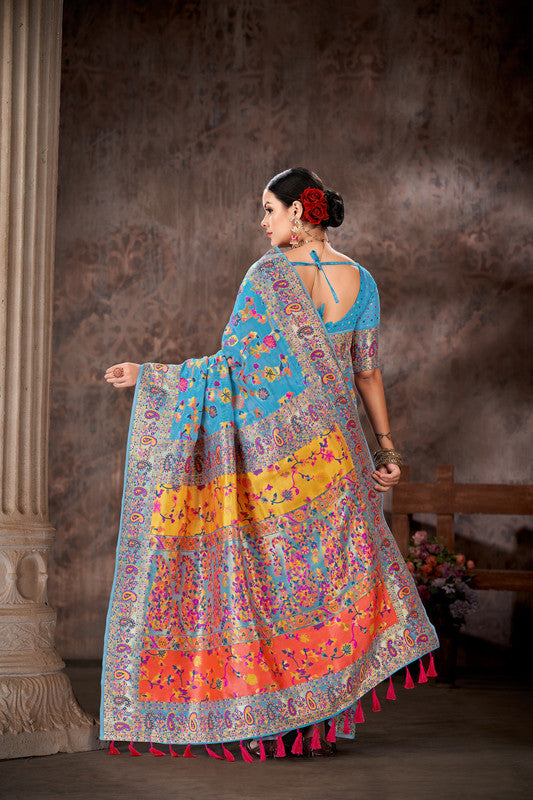 Blue Cotton Blend Woven Thread Floral Saree with Unstitched Blouse - Hiral Fashion - Distacart