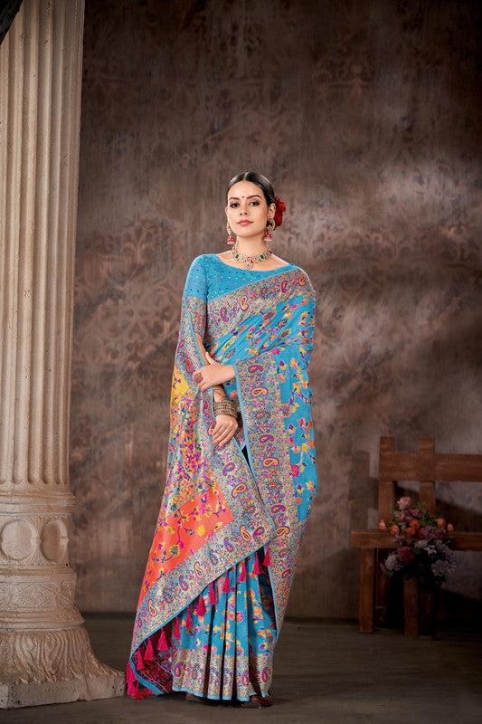 Blue Cotton Blend Woven Thread Floral Saree with Unstitched Blouse - Hiral Fashion - Distacart
