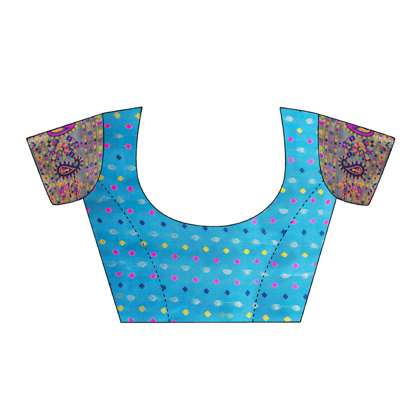 Blue Cotton Blend Woven Thread Floral Saree with Unstitched Blouse - Hiral Fashion - Distacart