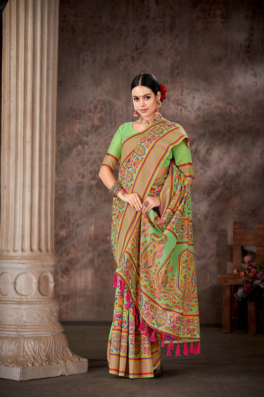 Green Cotton Blend Woven Thread Floral Saree with Unstitched Blouse - Hiral Fashion - Distacart