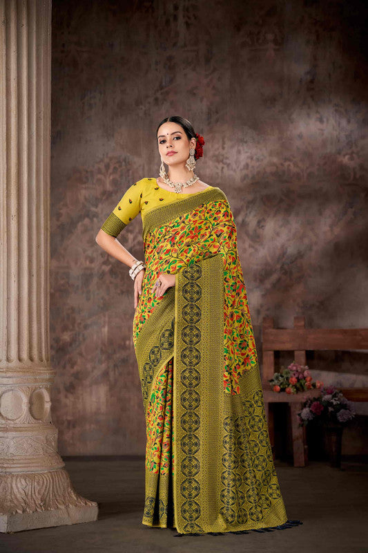 Mustard Cotton Blend Woven Thread Floral Saree with Unstitched Blouse - Hiral Fashion - Distacart