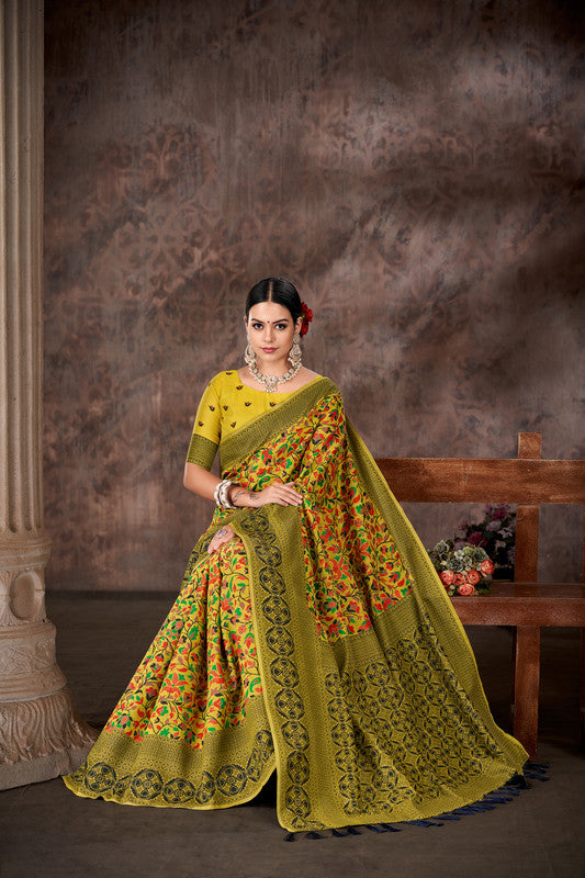 Mustard Cotton Blend Woven Thread Floral Saree with Unstitched Blouse - Hiral Fashion - Distacart