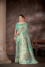 Thumbnail for Turquoise Cotton Blend Woven Thread Floral Saree with Unstitched Blouse - Hiral Fashion - Distacart