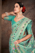 Thumbnail for Turquoise Cotton Blend Woven Thread Floral Saree with Unstitched Blouse - Hiral Fashion - Distacart