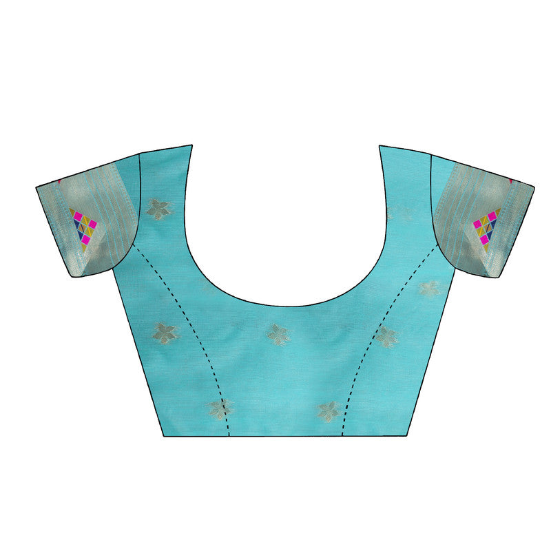 Turquoise Cotton Blend Woven Thread Floral Saree with Unstitched Blouse - Hiral Fashion - Distacart