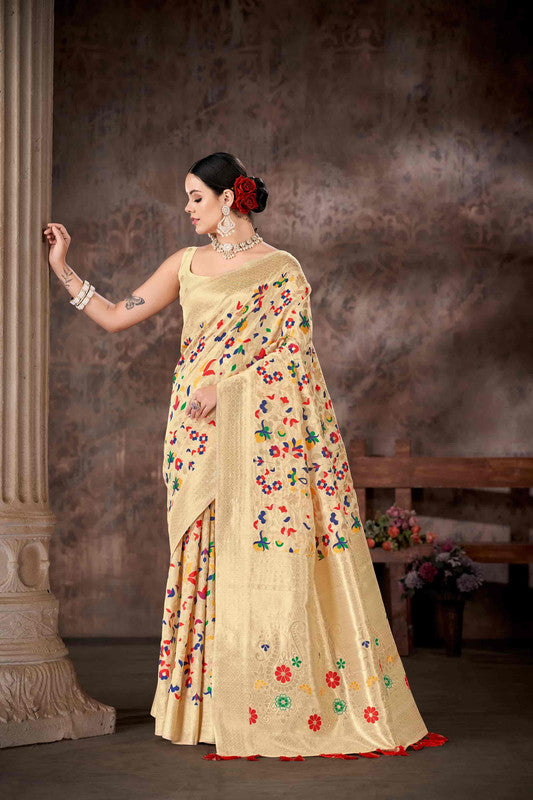 White Cotton Blend Woven Thread Floral Saree with Unstitched Blouse - Hiral Fashion - Distacart