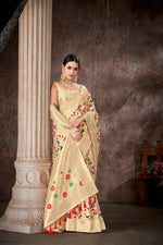 Thumbnail for White Cotton Blend Woven Thread Floral Saree with Unstitched Blouse - Hiral Fashion - Distacart