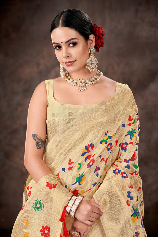 White Cotton Blend Woven Thread Floral Saree with Unstitched Blouse - Hiral Fashion - Distacart