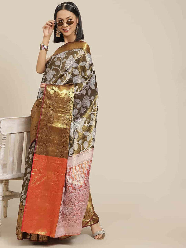 Black Pure Silk Embellished Floral Saree with Unstitched Blouse - Hiral Fashion - Distacart