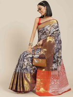 Thumbnail for Navy Blue Pure Silk Embellished Floral Saree with Unstitched Blouse - Hiral Fashion - Distacart