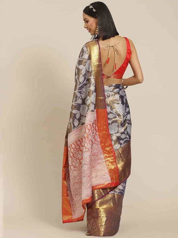 Navy Blue Pure Silk Embellished Floral Saree with Unstitched Blouse - Hiral Fashion - Distacart