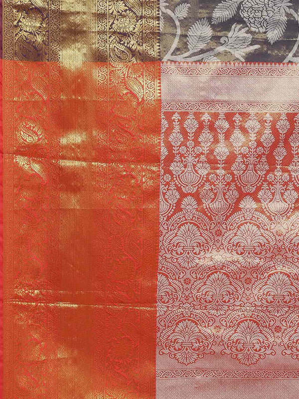 Navy Blue Pure Silk Embellished Floral Saree with Unstitched Blouse - Hiral Fashion - Distacart