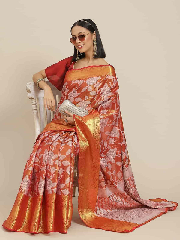 Red Pure Silk Embellished Floral Saree with Unstitched Blouse - Hiral Fashion - Distacart