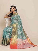 Thumbnail for Turquoise Pure Silk Embellished Floral Saree with Unstitched Blouse - Hiral Fashion - Distacart