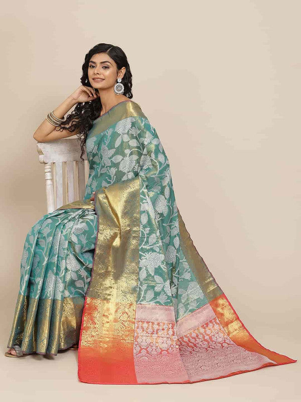 Turquoise Pure Silk Embellished Floral Saree with Unstitched Blouse - Hiral Fashion - Distacart