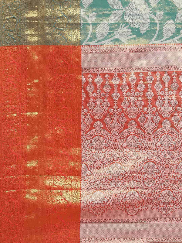 Turquoise Pure Silk Embellished Floral Saree with Unstitched Blouse - Hiral Fashion - Distacart