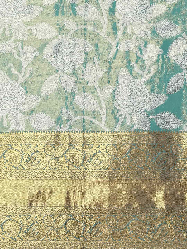 Turquoise Pure Silk Embellished Floral Saree with Unstitched Blouse - Hiral Fashion - Distacart