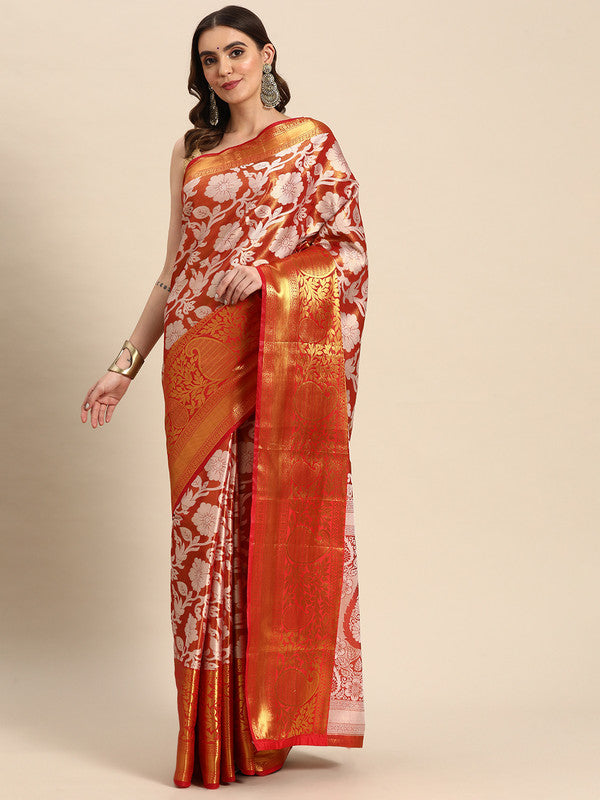 Orange Tissue Silk Woven Zari Design Floral Saree with Unstitched Blouse - Hiral Fashion - Distacart