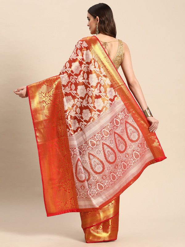 Orange Tissue Silk Woven Zari Design Floral Saree with Unstitched Blouse - Hiral Fashion - Distacart