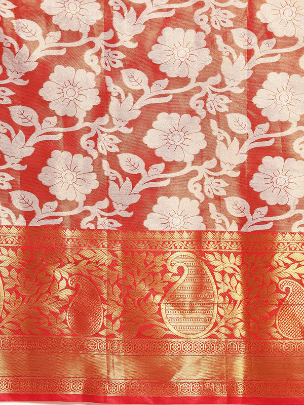 Orange Tissue Silk Woven Zari Design Floral Saree with Unstitched Blouse - Hiral Fashion - Distacart