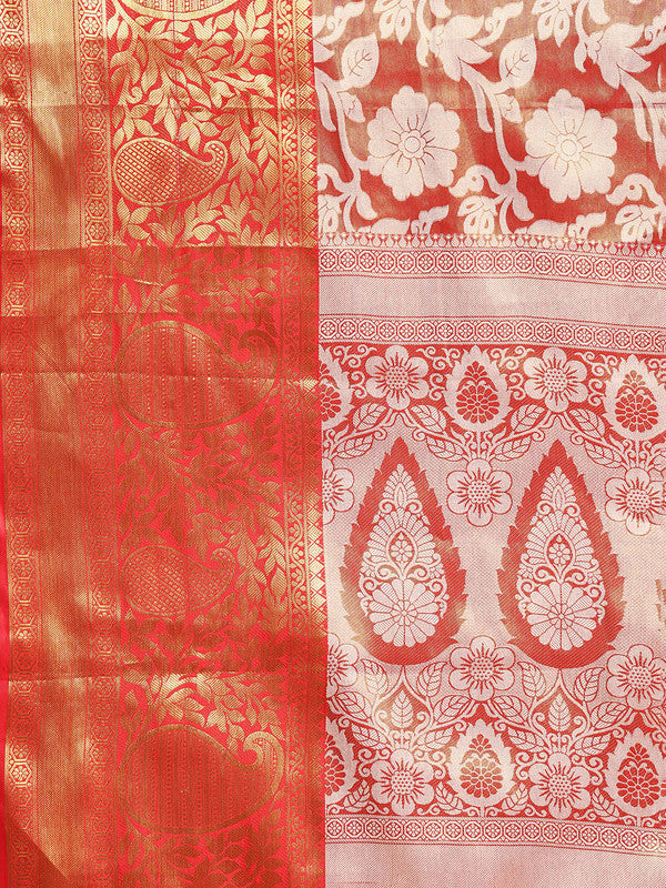 Orange Tissue Silk Woven Zari Design Floral Saree with Unstitched Blouse - Hiral Fashion - Distacart
