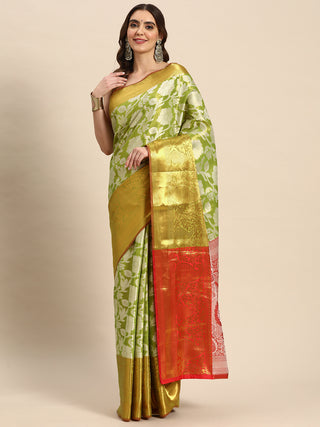 Green Tissue Silk Woven Zari Design Floral Saree with Unstitched Blouse - Hiral Fashion - Distacart