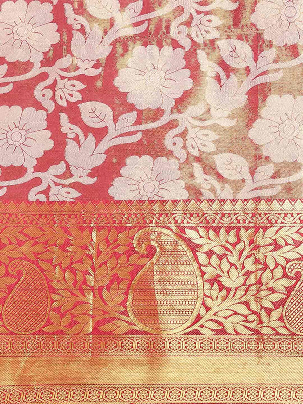 Pink Tissue Silk Woven Zari Design Floral Saree with Unstitched Blouse - Hiral Fashion - Distacart