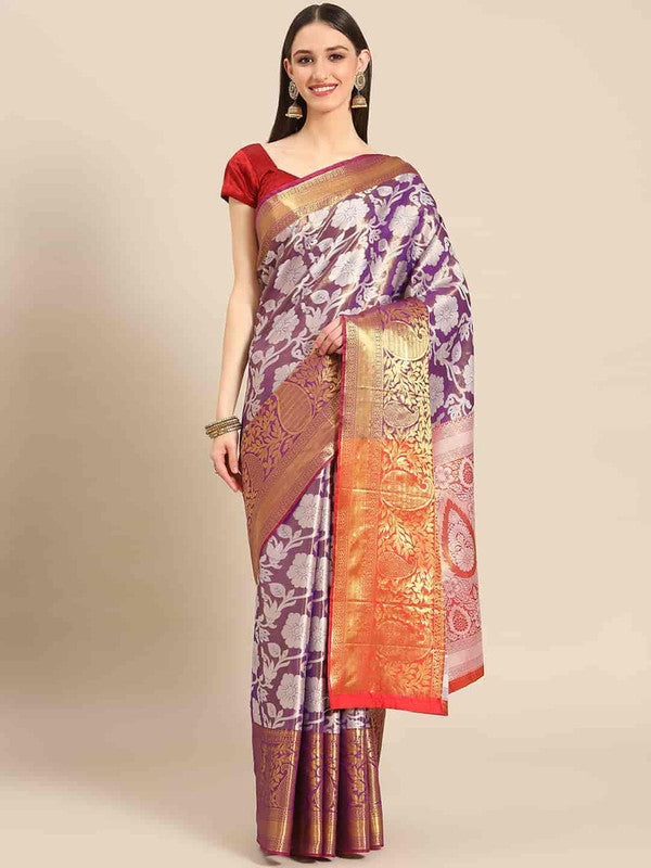 Purple Tissue Silk Woven Zari Design Floral Saree with Unstitched Blouse - Hiral Fashion - Distacart