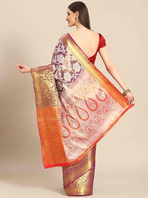 Purple Tissue Silk Woven Zari Design Floral Saree with Unstitched Blouse - Hiral Fashion - Distacart