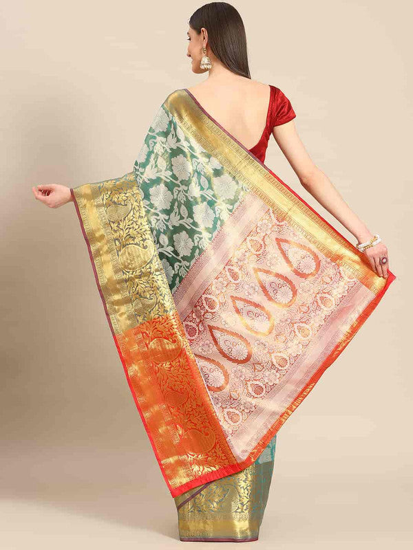 Turquoise Tissue Silk Woven Zari Design Floral Saree with Unstitched Blouse - Hiral Fashion - Distacart