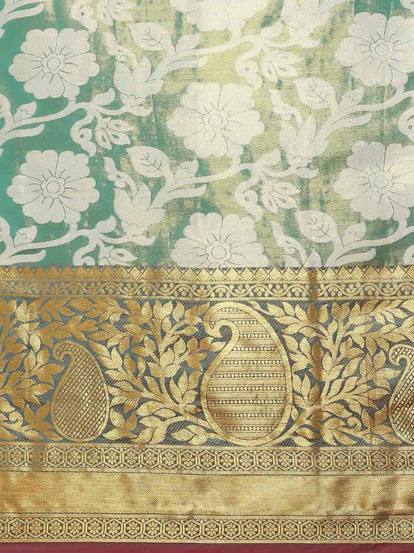 Turquoise Tissue Silk Woven Zari Design Floral Saree with Unstitched Blouse - Hiral Fashion - Distacart