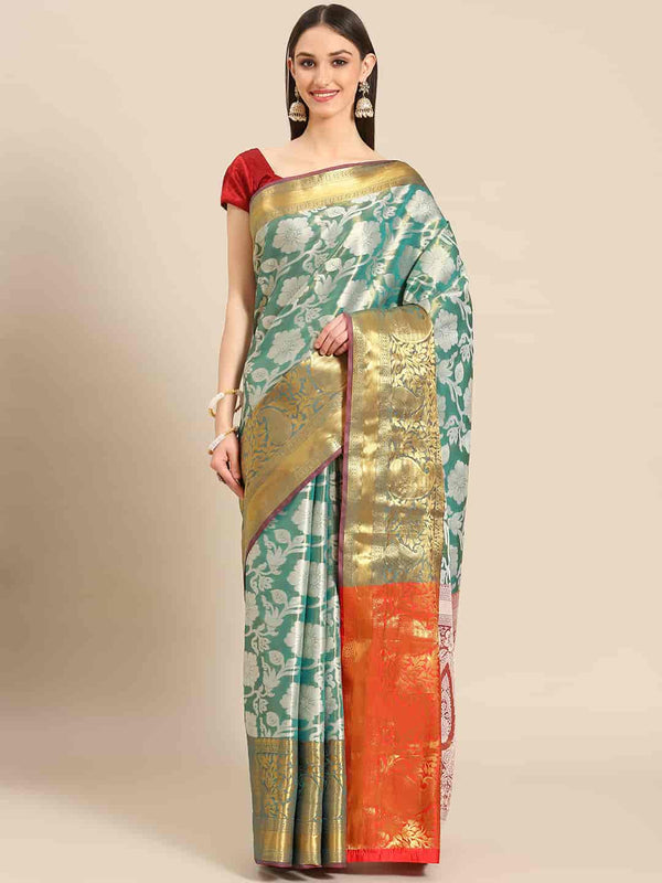 Turquoise Tissue Silk Woven Zari Design Floral Saree with Unstitched Blouse - Hiral Fashion - Distacart